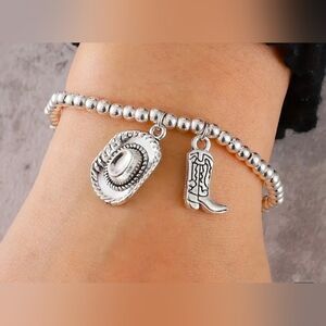 Silver Cowboy Hat & Boot Charm Beaded Bracelet
